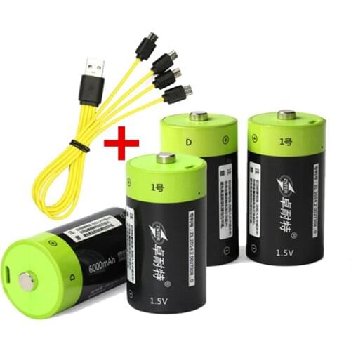 4PCS ZNTER 6000mAh 1.5V rechargeable battery size D USB lithium polymer battery with Micro USB cable for fast charging