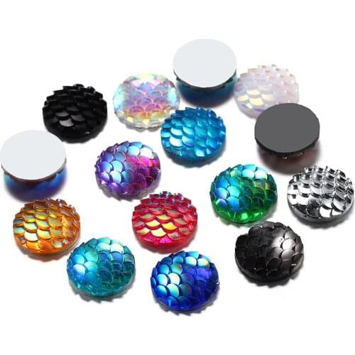 50Pcs Mixed Color Round Resin Rhinestone Fish Scale Flat Back Bulk 12mm Cabochon for DIY Jewelry Making Finding Pendant Supplies