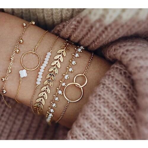 6PCS/Set Bracelet Alloy Pearl Flower Tassel Bead Leaf Multilayer Hand Chain Combination For Women Fashion Geometric Jewelry Gift