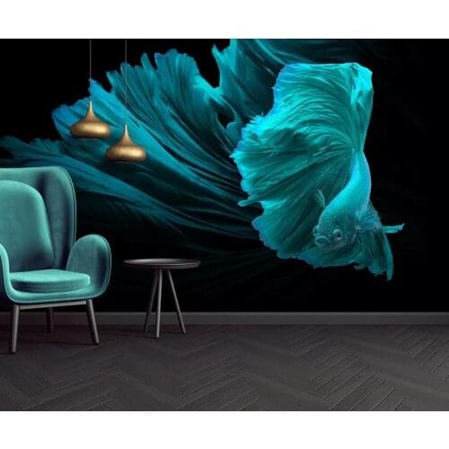 Customized large-scale 3D mural wallpaper modern hand-painted blue guppy background wall decoration painting