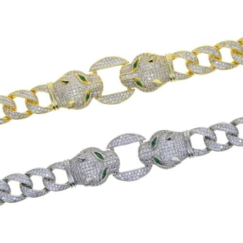 Micro Pave 5A CZ Cool Animal Design Leopard Jaguar Charm Cuban Chain Choker Necklace Iced Out Bling Hip Hop Women Jewelry