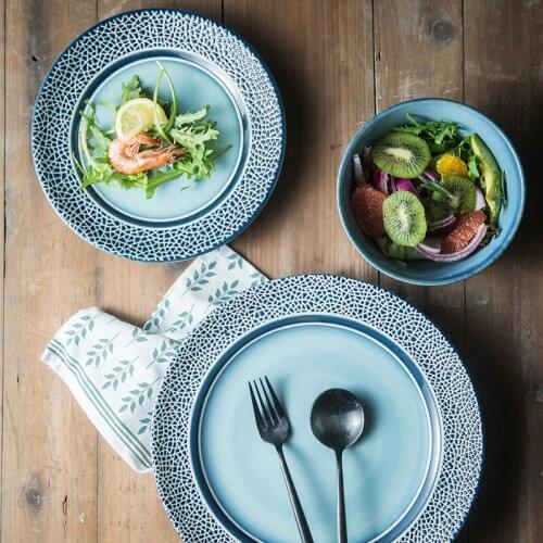 EECAMAIL Creative American Style Ceramics Plate Elegant Blue Salad Bowl Steak Plate Dessert Plate Western Plate Fruit Plate