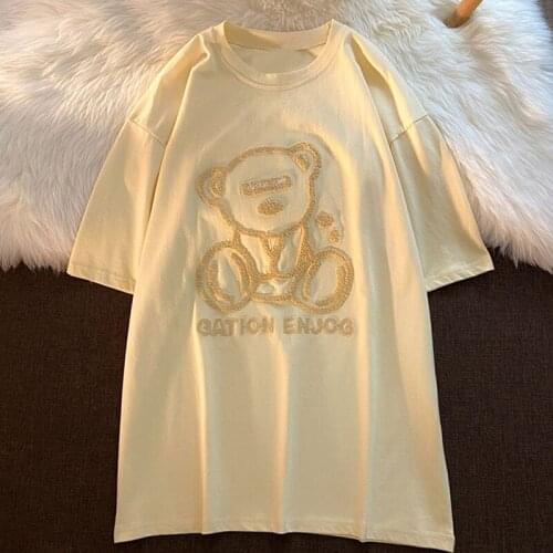 Creamy Yellow White Bear Embroidery T-shirt Female Summer Loose Tide Brand Japanese Vintage Short-sleeved Top T-shirt Round Neck