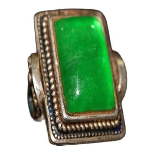 Chinese Old Craft Made Old Tibetan Silver Inlaid Green Jade Silver Ring