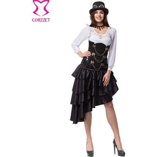 Corzzet Black Steel Boned Steampunk Underbust Corset And Skirt Waist Trainer Gothic Style Corselet Dress Victorian Sets