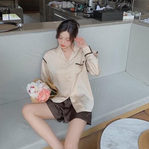 Sweet Shorts Pajamas Sets Women Korea Elegant Satins ice Silk Long Sleeves shorts casual Pyjamas Women Sleepwear 99149
