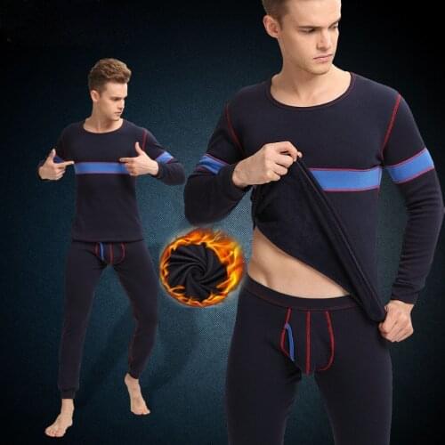 Autumn Winter mens thickening plus velvet hit color fashion long johns men shirt+pants 2 piece set round neck warm underwear