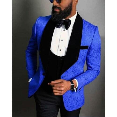 Jackquard Floral Pattern Royal Blue Black Men Suit Custom Made Groom Tuxedo 3 Pieces (jacket +vest +pants) Prom Suits