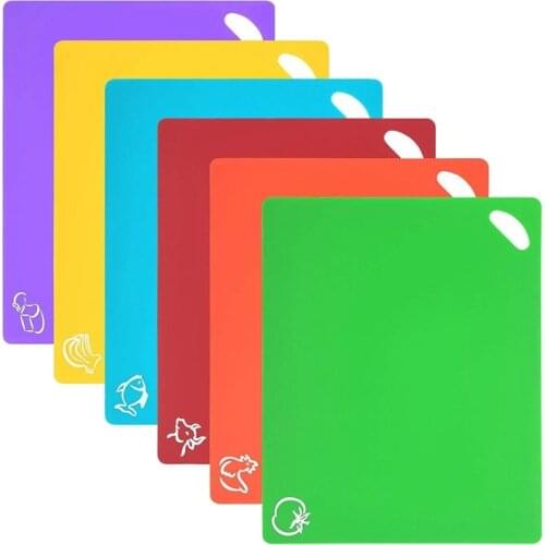 Cutting Board Set, 6 Pcs Flexible Kitchen Plastic Chopping Board with Food Icons, Dishwasher Safe Hanging Food Board Mat
