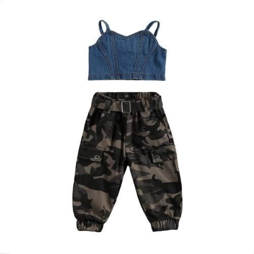 New Baby Girls Clothes Sets Denim Blue Sleeveless Vest Tops Camouflage Pants Suits