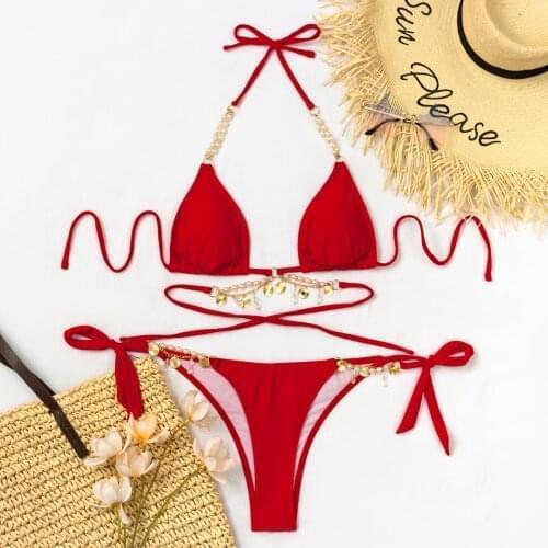 Pearls Crystal Chain Bikinis Women Push Up Halter Swimsuits Solid Color High Cut Tie-up Bathing Suit with Pendants for Summer