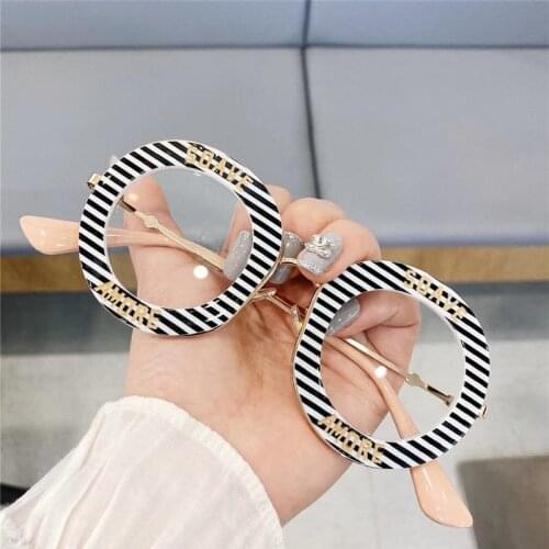 New Round Galsses Clear Lens Spectacle Student Metal Frame Stripe Personality Letter Optical Glasses Casual Oversized Glasses