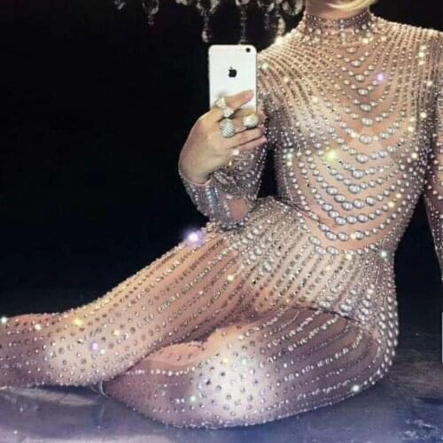 Sexy Sparkly Pearls Jumpsuits Women Rhinestone Bodysuit Performance Party Celebrate Luxurious Shining Dance Costume Stage Wear