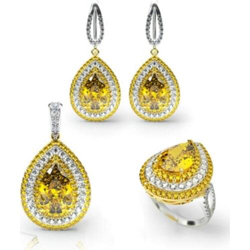 Luxury Real 925 Sterling Silver Big Gemstone Citrine Bridal Jewelry Set For Women Engagemen Necklace Earrings Ring Set