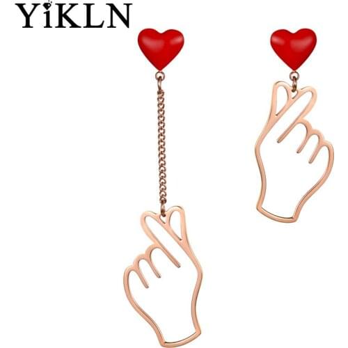 YiKLN Office Style Stainless Steel Rose Gold Earrings For Girls "Show Love" Gesture Little Red Heart Asymmetry Jewelry YE18468