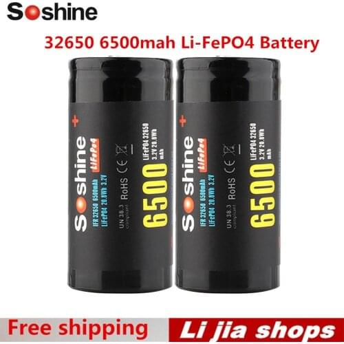 Soshine 32650 Li-FePO4 Battery 3.2v high capacity 6500mah High quality LiFePO4 rechargeable cell