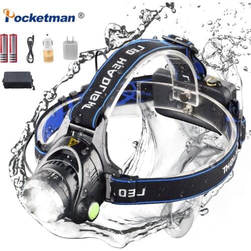 POCKETMAN T6/L2 8000 Lumens LED Headlamp Zoomable Headlight Waterproof Head Torch Rechargeable Flashlight Head lamp New