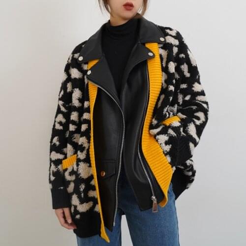 Runway Leather Leopard Jacket Women Zipper Pocket Loose Autumn Coat Turn Down Collar Patchwork Lamb Wool Outwear Oversized A147