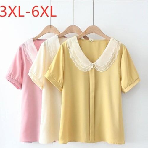 New 2021 Ladies Summer Plus Size Tops For Women Blouse Large Short Sleeve Loose Yellow Pink Chiffon Shirt 3XL 4XL 5XL 6XL