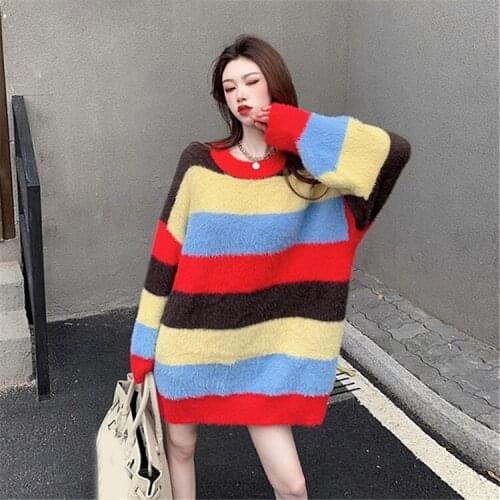 Winter new style loose mid-length long-sleeved knitted rainbow striped pullover sweater women