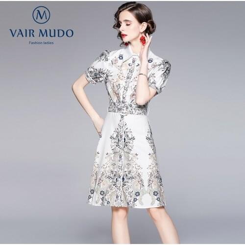 Women Dress White Elegant Summer Celebrity Temperament Lapel Short-Sleeved Retro Printed Puff Sleeve Slim Dress Female Y-149