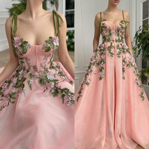 2021 Elegant Pink Prom Dress Lace Appliques Sweep Train Abiti Da Sera Robe De Soiree Formal Evening Gowns Abiye Gece Elbisesi