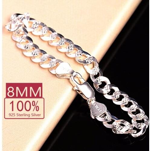 100% Real 925 sterling silver Bracelet 8mm width silver Bracelet Jewelry Men Bracelet 21cm length Chains Bracelet Jewelry Gift