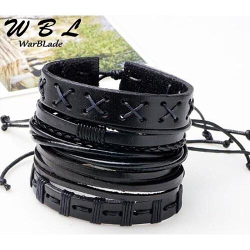 2019 Black Genuine Leather Bracelets Vintage Multilayer Braid Bracelet Bangle Punk Wrap Wristband 5pcs For Women Men Jewelry