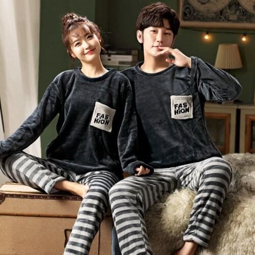 2021 Winter Couple Long Sleeve Thick Warm Flannel Pajama Set for Men Casual Striped Sleepwear Pyjama Women Homewear Home Clothes