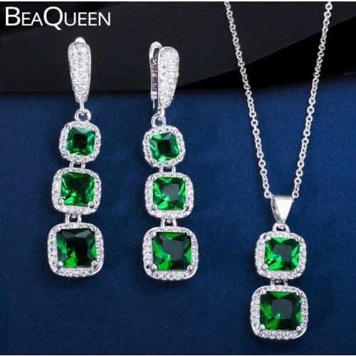 BeaQueen Fashion Cubic Zirconia Crystal Square Drop Earrings Pendant Necklace Green Jewelry Sets for Women Party Jewellery JS205