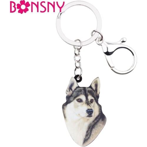 Bonsny Acrylic Cartoon Siberian Husky Dog Key Chains Keyrings Cute Animal Jewelry For Women Girl Ladies Handbag Charms Gift Bulk