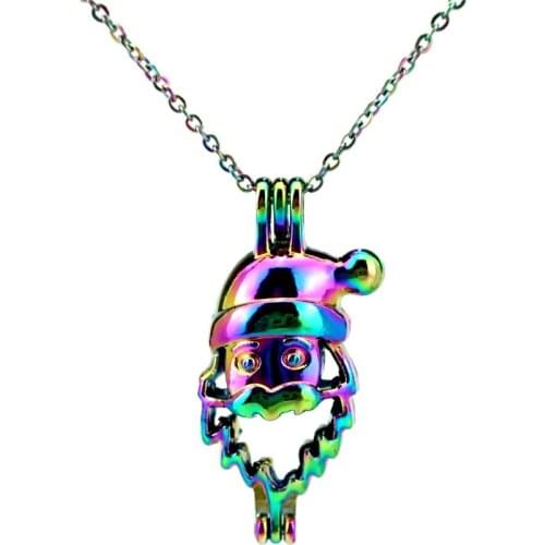 C283 Rainbow Color Christmas Santa Claus Xmas Beads Cage Pendant Locket Necklace Aroma Essential Oil Diffuser