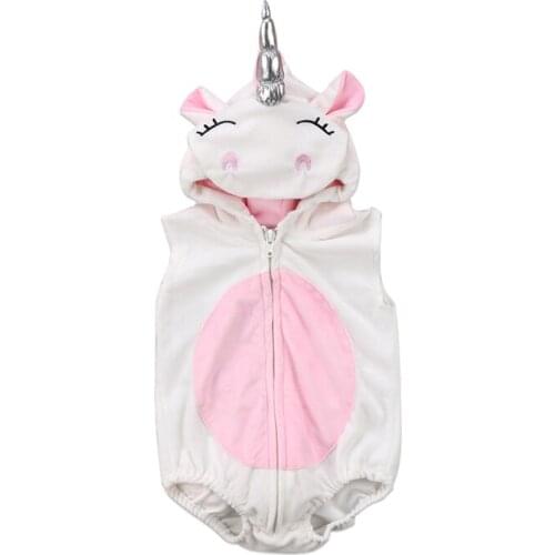 Cute Newborn Baby Boy Girl Unicorn Romper Sleeveless Zipper Hooded Cartoon Fleece Clothes Outfits 0-24M
