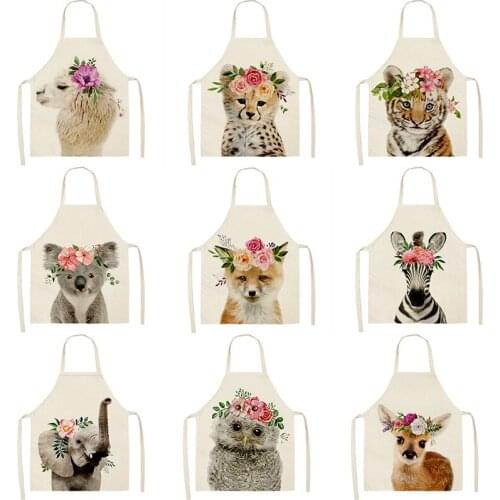 Flower Cute animal Pattern Cotton Linen Aprons 53*65cm Home Cleaning Cooking Kitchen Apron Cook Wear Adult Bibs Pinafore 46406