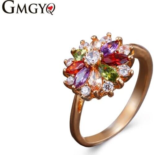 GMGYQ Designer Jewelry Luxury Colour Cubic Zirconia Rose Gold Flower Ring For Women Bridesmaid Gift Wholesale Jewelry Lots