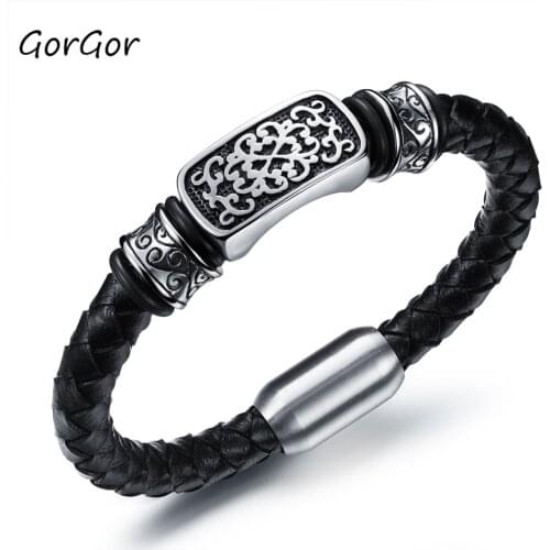 GorGor Black Genuine Leather Bracelet Bangle Cuff Band for Men Women Boys Girls Braided Rope Stainless Steel Magnetic Cl PS-1001
