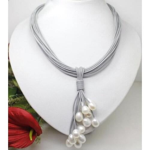 Hot sell Noble- Magnet Clasp Fashion 10-12mm Real White Freshwater Pearl Pendant Necklace Leather Cor