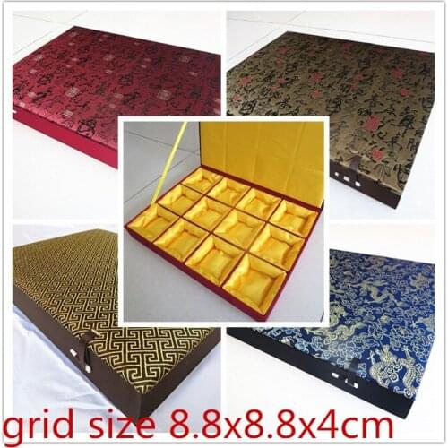 Cotton Filled Big 12 Grid Slots Storage Box Men Wooden Watch Case Silk Brocade Crafts Stone Collection Box Home Decor Gift