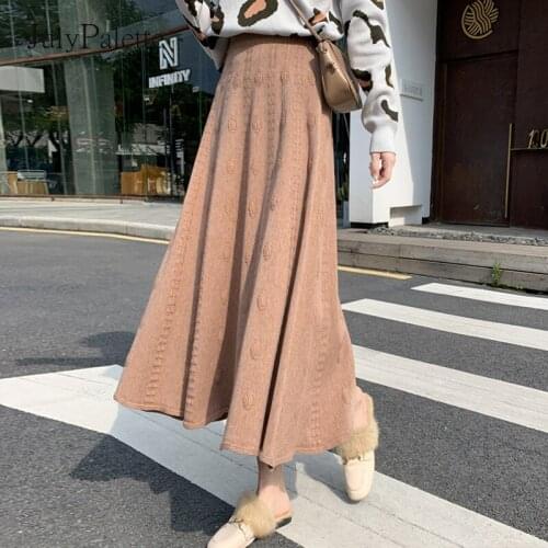 JulyPalette High Elastic Waist Knitted Skirts Women Fall Casual A-line Skirts Winter Solid Thicken Sweater Skirt Female 2021