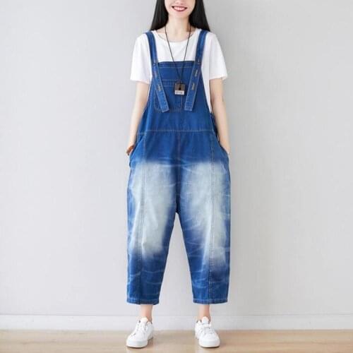 Literary Womens Retro Washed Hit Color Stitching Loose Nine Points Jumpsuit Fashion Adjustable Casual Denim Trousers