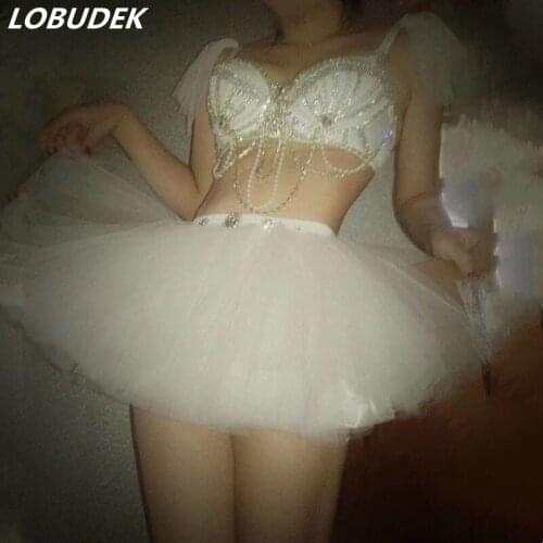 White Crystals Bikini Tutu Skirt Set Nightclub Women Dance Costume Bar Club Party Show Performance Outfits Dancer Stage Wear
