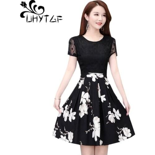UHYTGF Summer dress women new fashion fake two piece chiffon dress cute girl elegant dresses slim bohemian plus size dresses 812