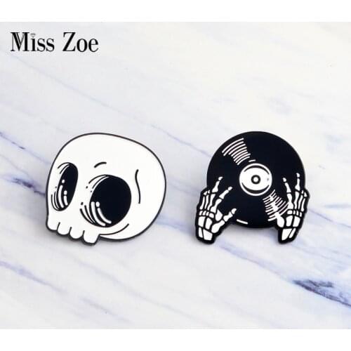 Miss Zoe Skeleton Record Hands Pin DJ Hands Brooch Denim Jacket Pin hat Buckle Shirt Badge Dark Punk jewelry Gift for friends
