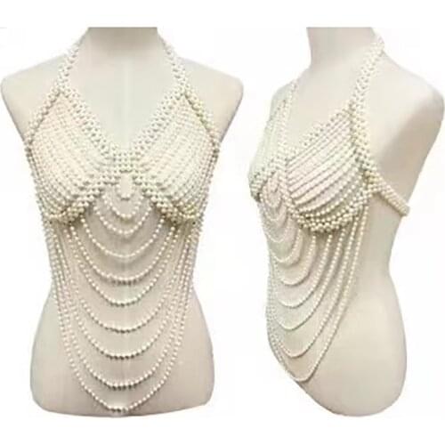 Fashion jewelry body chain shawl pearl necklace floral design brand shoulder chain customized jewelry wedding dress accessories