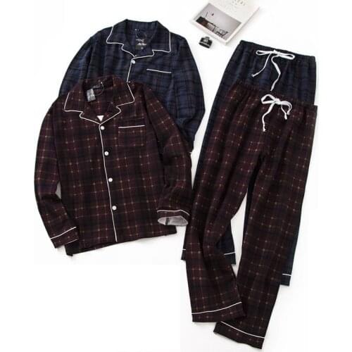 Mens Plaid Sleepwear Set Ammonia Cotton Long-sleeved Trouser Suit Autumn and Winter Pajamas Soft and Comfortable Men Sets