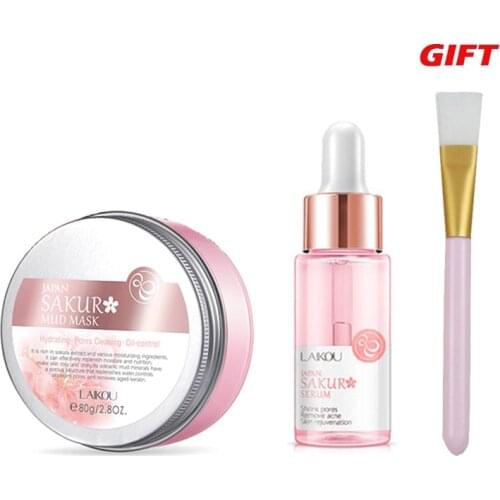 Face Care Set Sakura Mud Mask + Serum Essence for Face Deep Cleansing Oil Control Shrink Pores Remove Acne Blackheads TSLM2