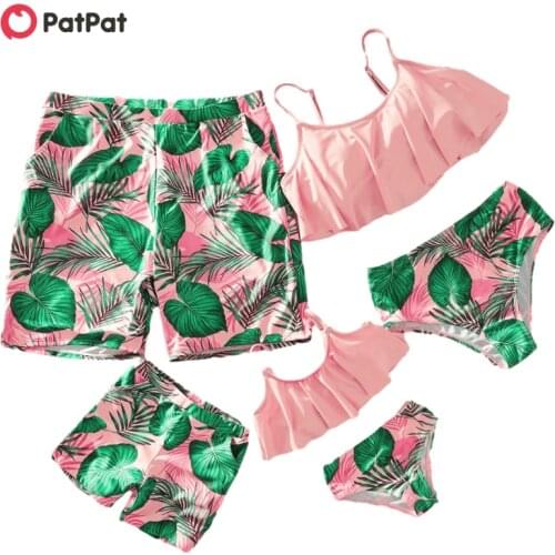 PatPat 2021 New Summer Tankini Green Leaf Print Pink Matching Swimsuits