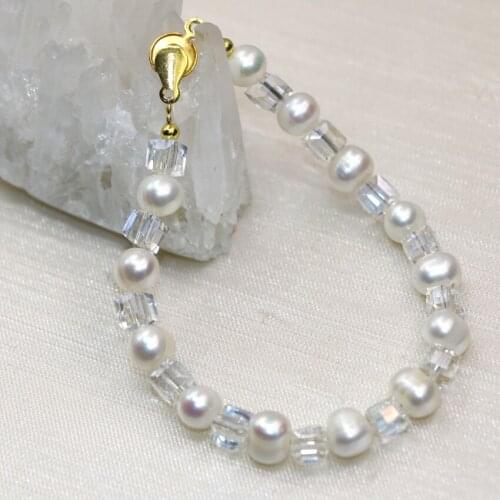Original design 7-8mm natural white pearl crystal beads charms strand bracelet for girls women party gifts jewelry 7.5inch B2987