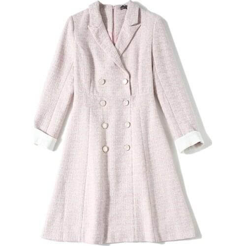 Autumn Tweed Suit Skirt Pink Dress Women Long Sleeve Tuck the Waist and Show Thin Temperament Office Party Ladies Dress