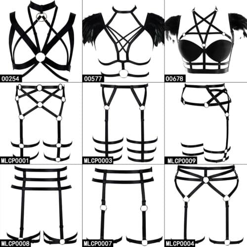 Black Harness Elastic Garter Belt Women Harajuku Punk Plus Size Crop Tops Pentagram Sexy Lingerie Feather Bondage Art Dance Rave